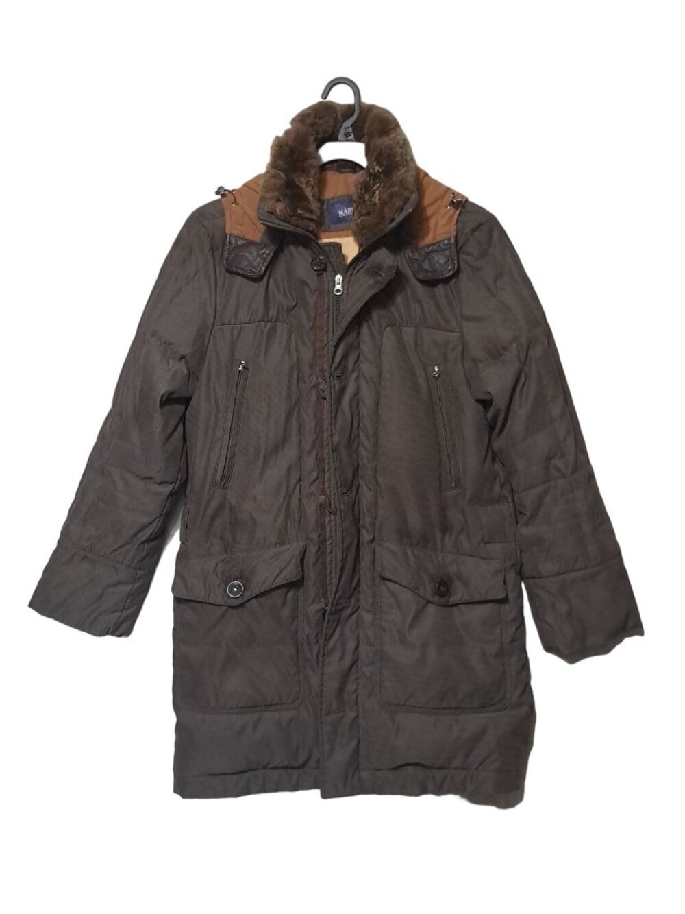 Mabrun 46 Parka Coat Brown Faux Fur Hood Down Feather Full Zip Vintage Italy